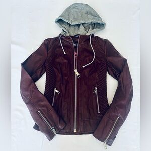 Guess Maroon Leather Jacket with Gray Hood